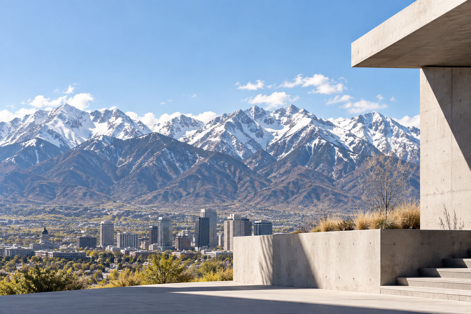 The Wasatch Front rising above Salt Lake City and modern concrete architecture